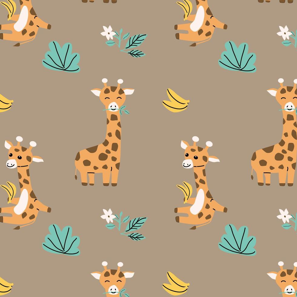 naadloos baby achtergrond - giraffe en tropisch bladeren vector