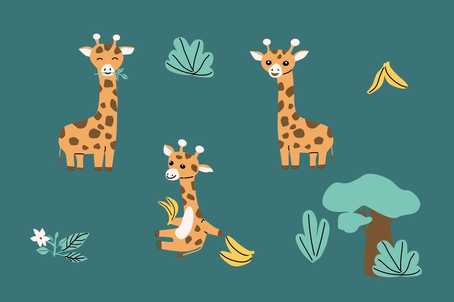 tekenfilm dieren giraffe en boom, gras Aan blauw achtergrond vector