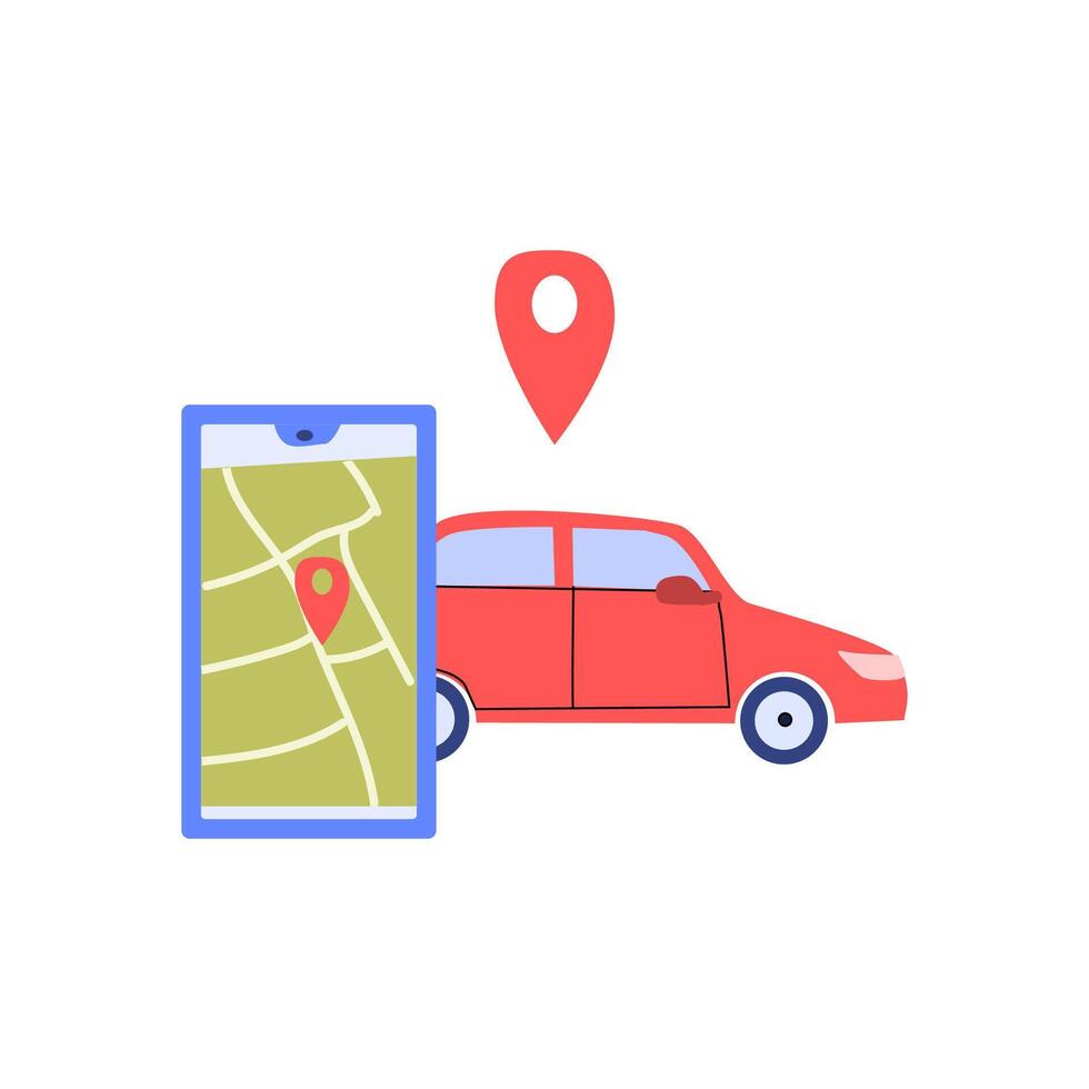 auto- voertuig en mobiel app met kaart en plaats Mark vector
