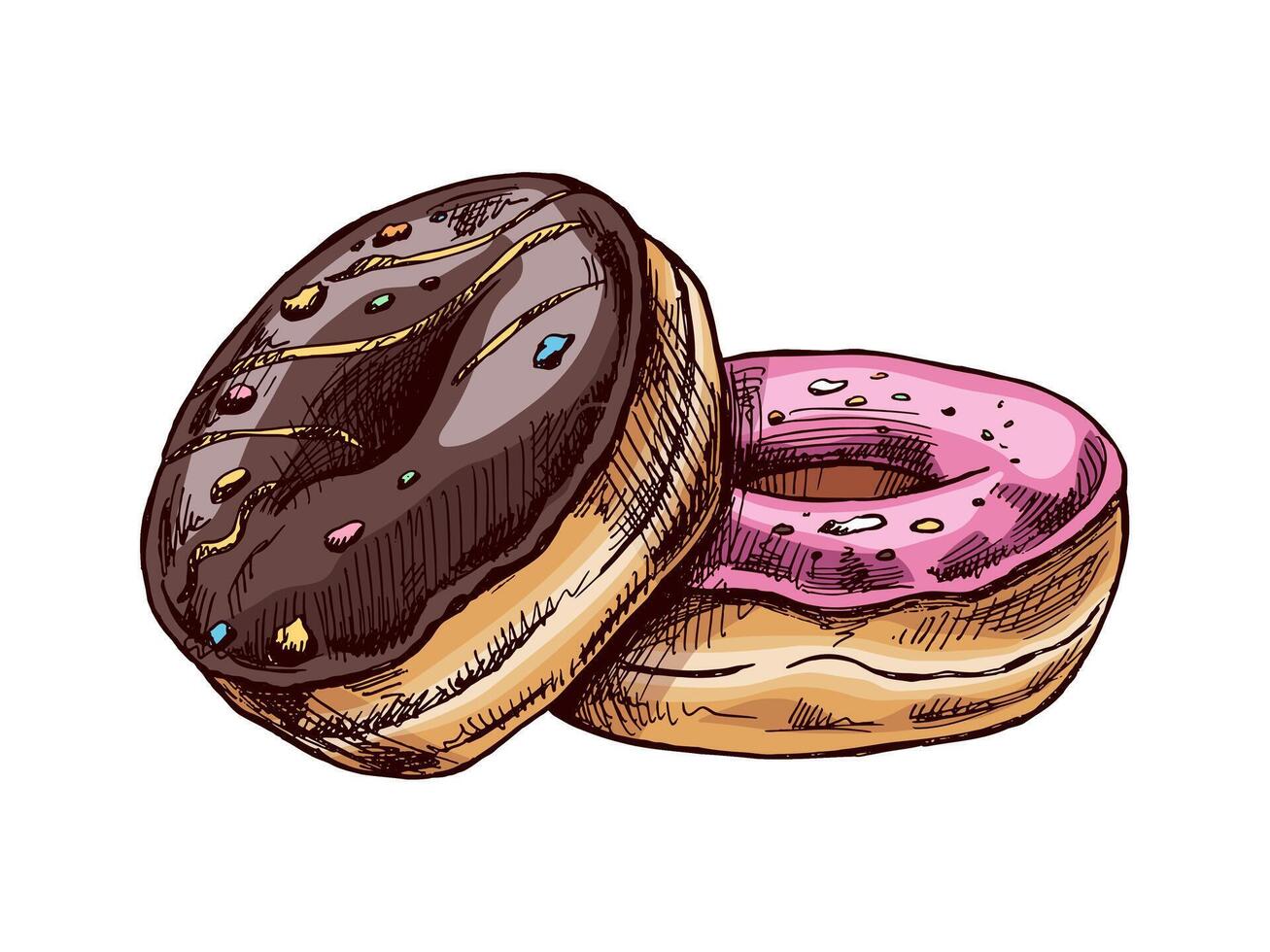 een hand getekend gekleurde schetsen van donuts. wijnoogst illustratie. gebakje snoepgoed, nagerecht. element voor de ontwerp van etiketten, verpakking en ansichtkaarten. vector