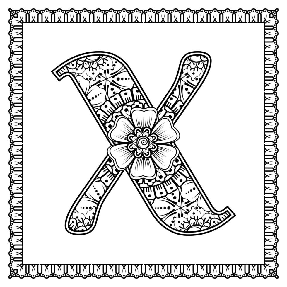 letter x gemaakt van bloemen in mehndi-stijl. kleurboek pagina. schets hand-draw vectorillustratie. vector