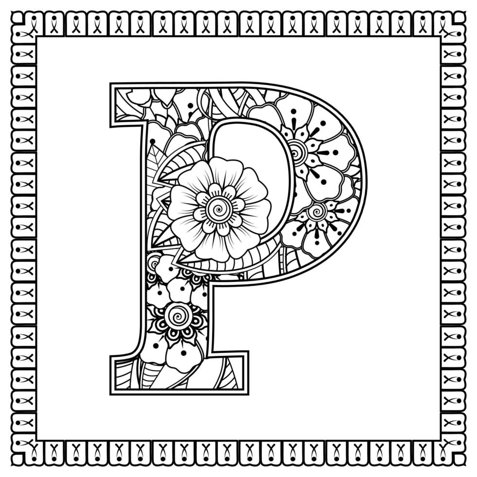 letter p gemaakt van bloemen in mehndi-stijl. kleurboek pagina. schets hand-draw vectorillustratie. vector