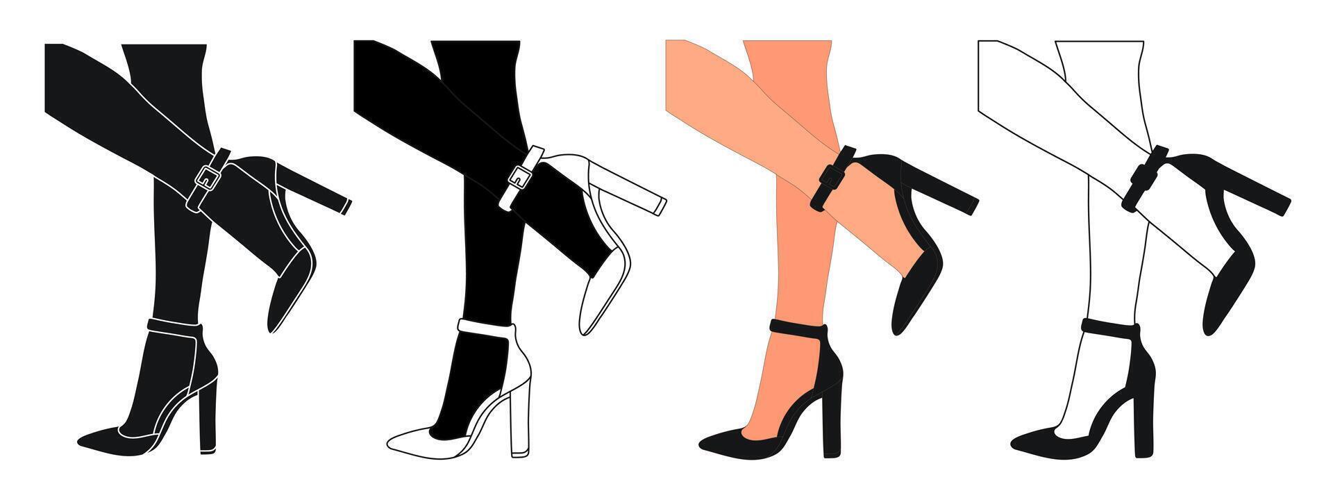 silhouet schets van vrouw poten in een houding. schoenen stiletto's, hoog hakken. wandelen, staan, rennen, springen, dans vector