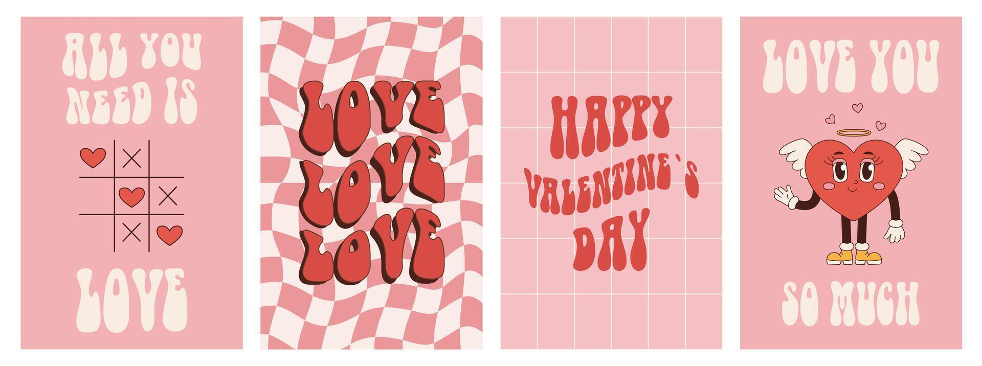 reeks groovy gelukkig valentijnsdag dag kaarten, affiches. liefde concept in roze, rood kleuren. modieus vector illustratie in retro Jaren 60 jaren 70 stijl