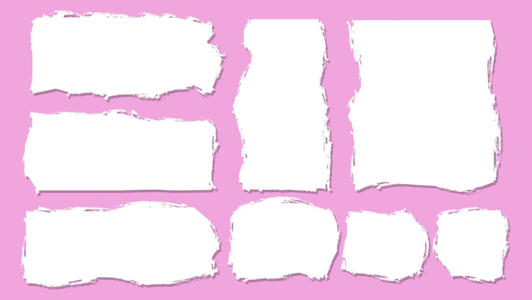 set van blanco wit papier gescheurd frame in roze achtergrond vector