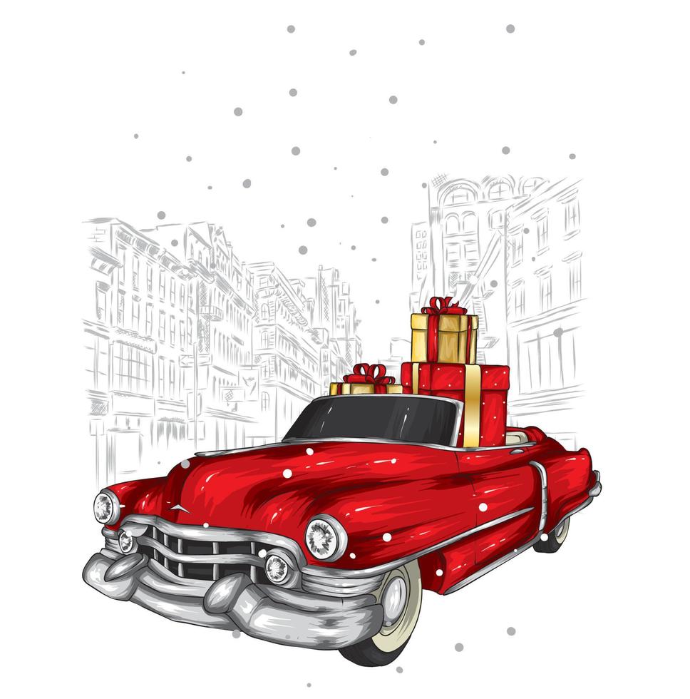 mooie retro auto en kerstcadeaus. nieuwjaar, ansichtkaart of poster. vector