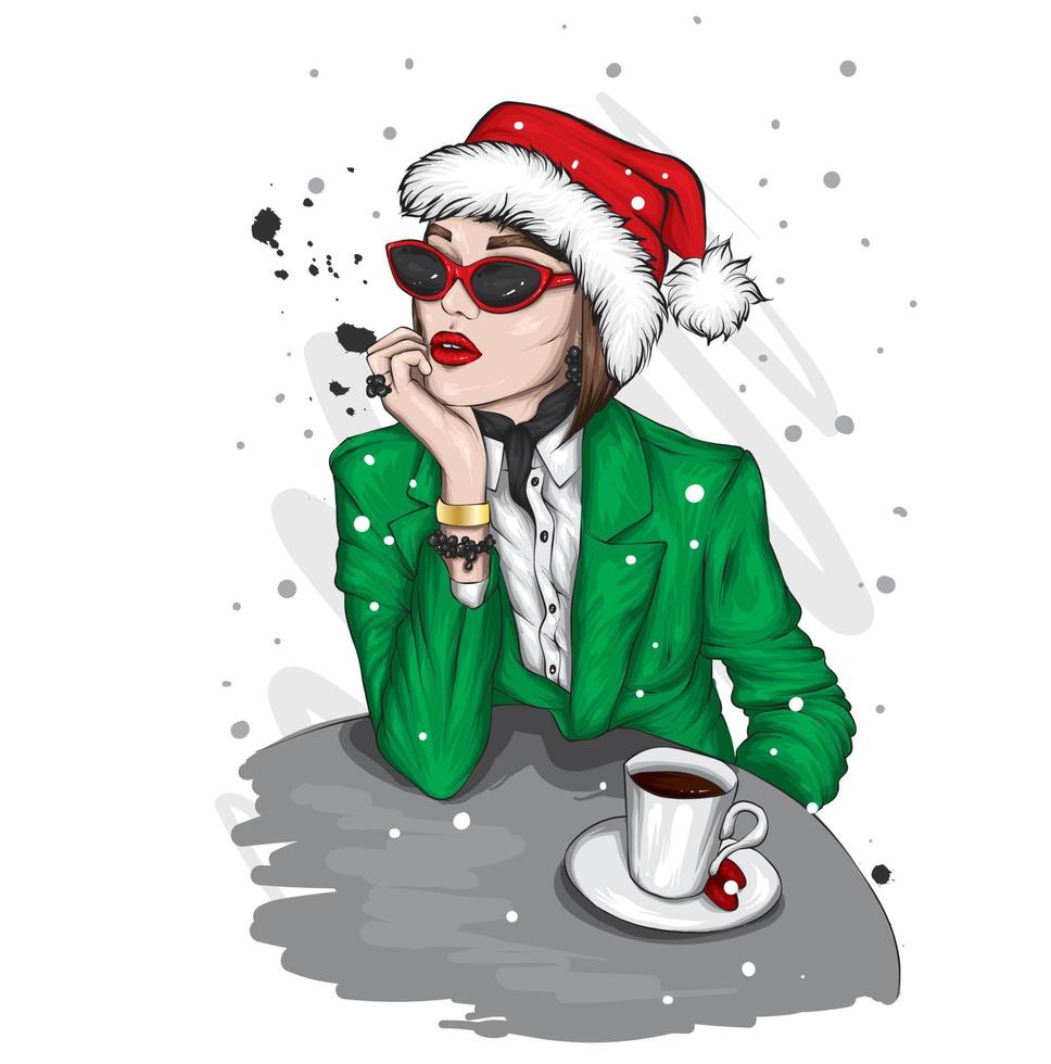 mooi meisje in kerstkleren en koffie. mode en stijl, kleding en accessoires. vector