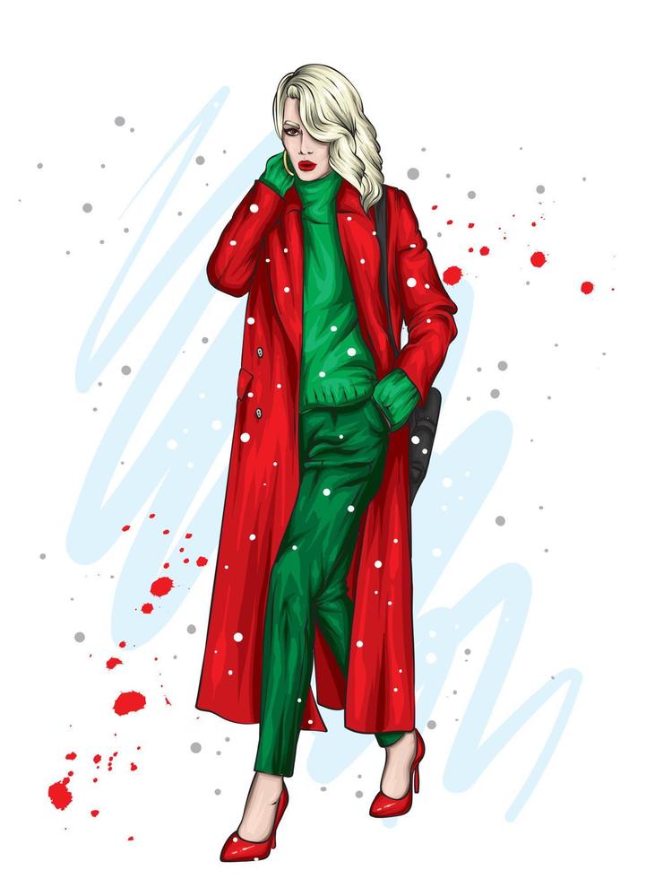 mooi meisje in stijlvolle winterkleren. nieuwjaar en kerst. mode en stijl. vector