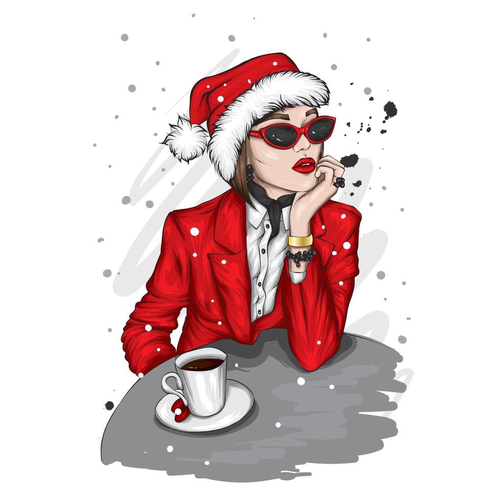 mooi meisje in kerstkleren en koffie. mode en stijl, kleding en accessoires. vector