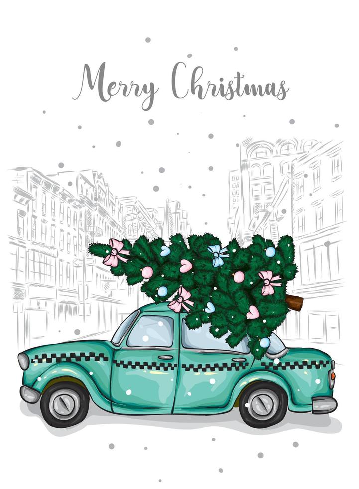 een mooie kerstboom in de vector. illustratie voor een kaart of poster. nieuwjaar en kerst. taxi, auto. vector