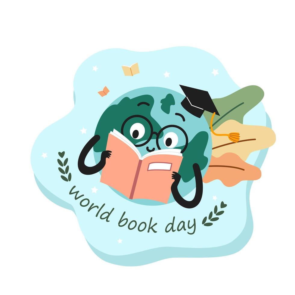 een schattig wereld mascotte lezing een boek en genieten aan het studeren. wereld boek dag concept tekenfilm vlak vector illustratie geïsoleerd Aan wit achtergrond. Internationale geletterdheid dag.