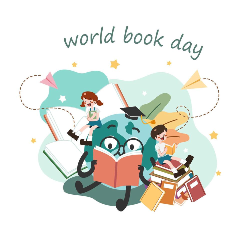 een schattig wereld mascotte, een jongen en meisje lezing een boek en genieten aan het studeren samen. wereld boek dag concept tekenfilm vlak vector illustratie. Internationale geletterdheid dag. voorraad illustratie