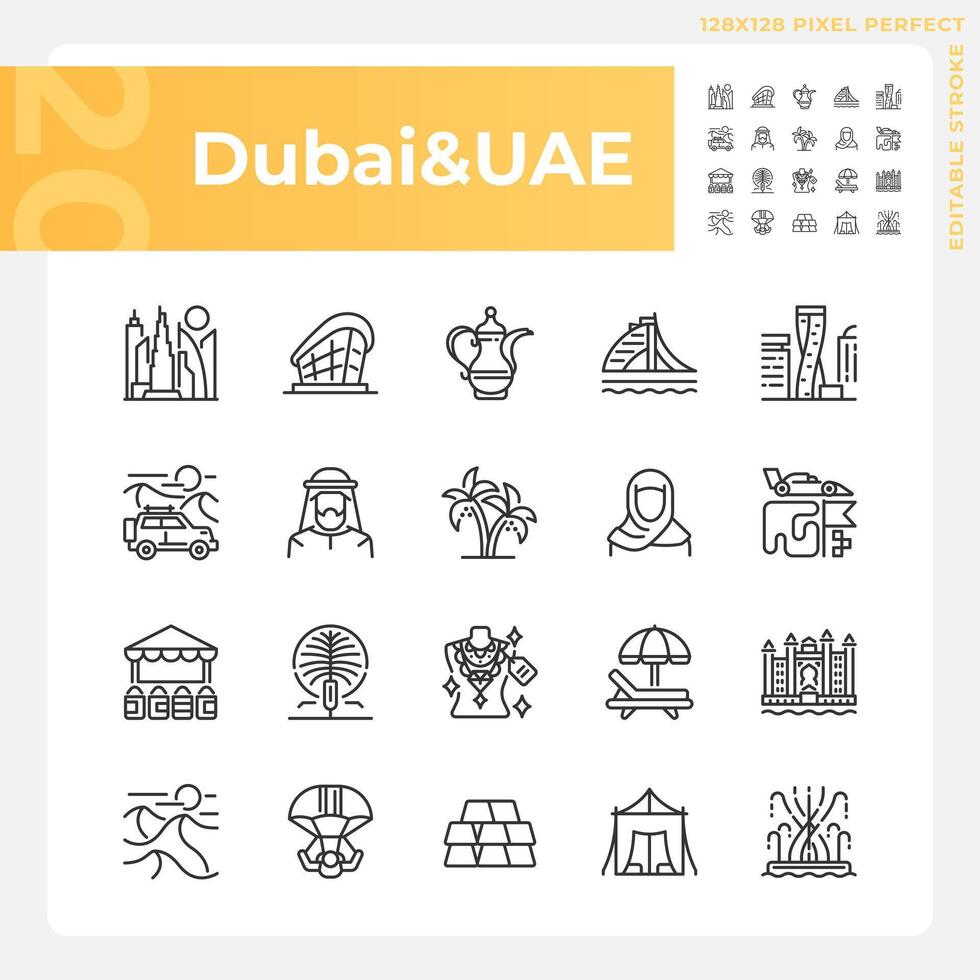 Dubai modern stad architectuur lineair pictogrammen set. vakantie reis, toevlucht. verscheidenheid van activiteiten, uniek oriëntatiepunten. aanpasbare dun lijn symbolen. geïsoleerd vector schets illustraties. bewerkbare beroerte