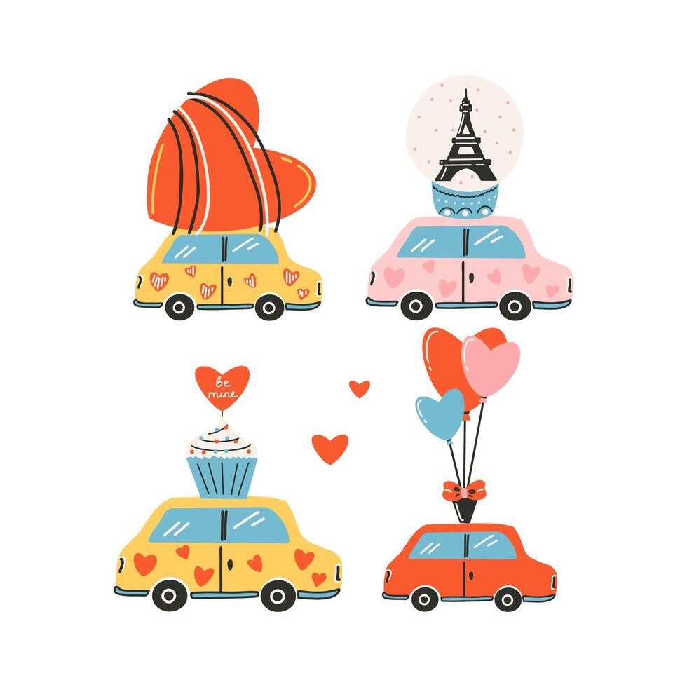 reeks van elementen voor st. Valentijnsdag dag, auto dat draagt de hart, eiffel toren, koekje met een hart, ballonnen. symbool van liefde, romantiek. vector