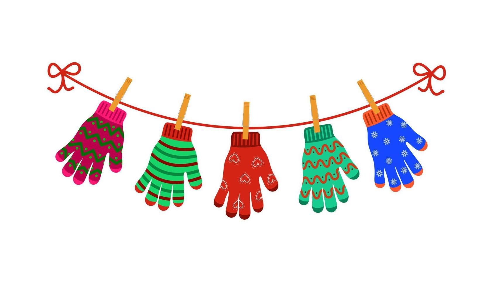 kleurrijke handschoenen die aan de waslijn hangen. vrolijk kerstfeest, wintervakantie concept vector