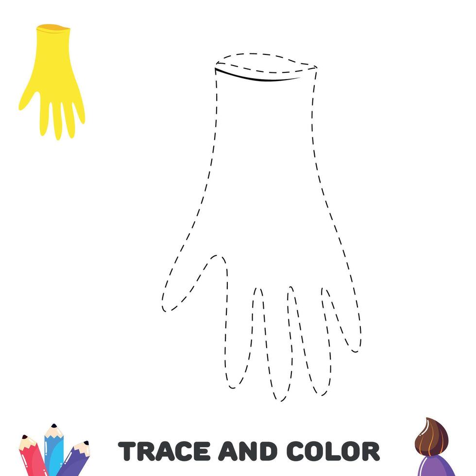 spoor en kleur rubber handschoen. handschrift praktijk voor kinderen. leerzaam vel met spel. vector illustratie