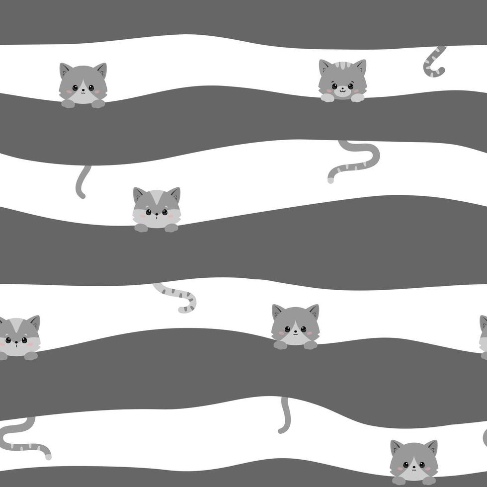 schattig grappig katten naadloos patroon Aan strip achtergrond. vector hand- getrokken tekening tekenfilm kawaii karakter illustratie.