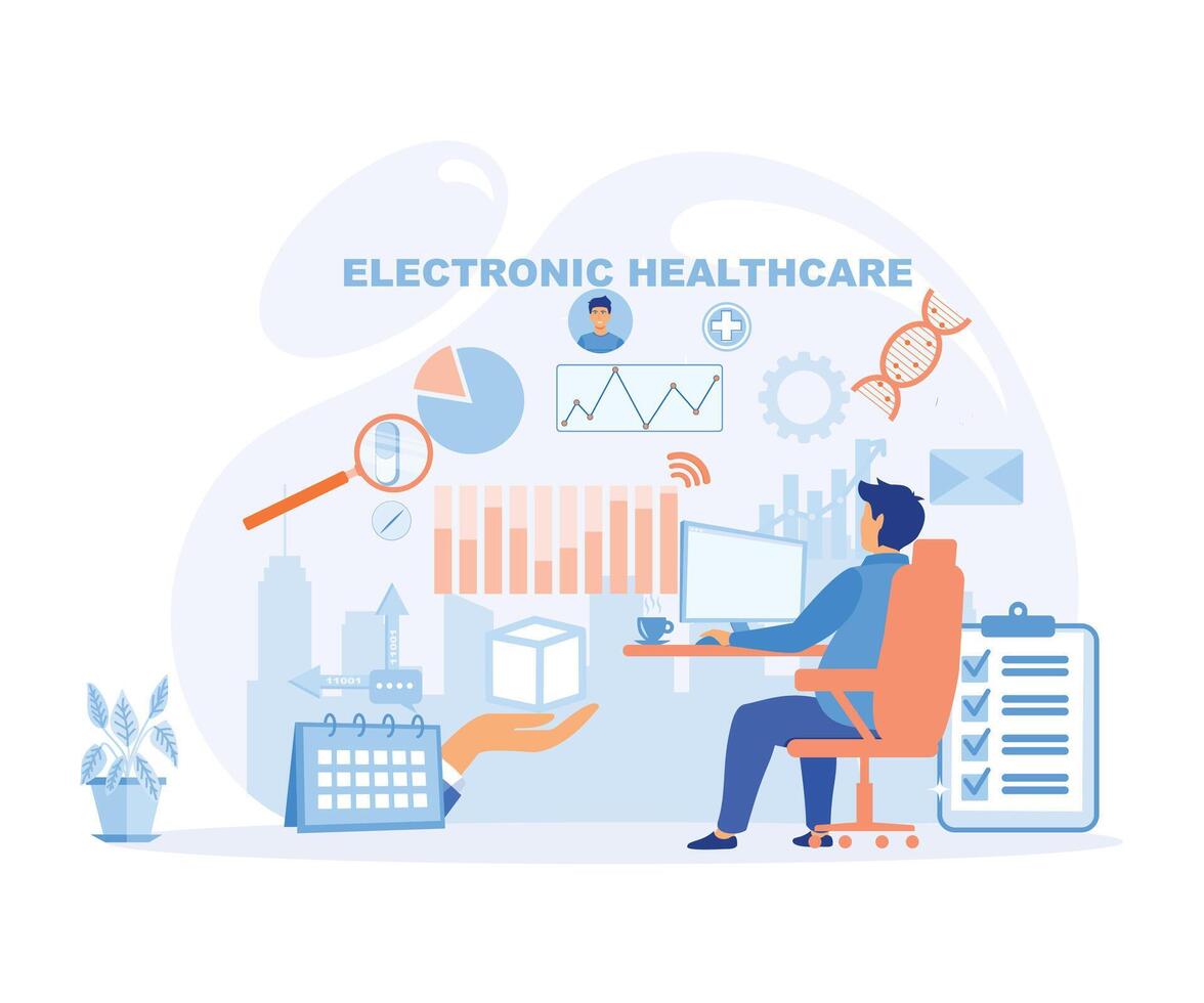 elektronisch gezondheidszorg concept met hand- Holding modern bezel vrij slim telefoon. vlak vector modern illustratie