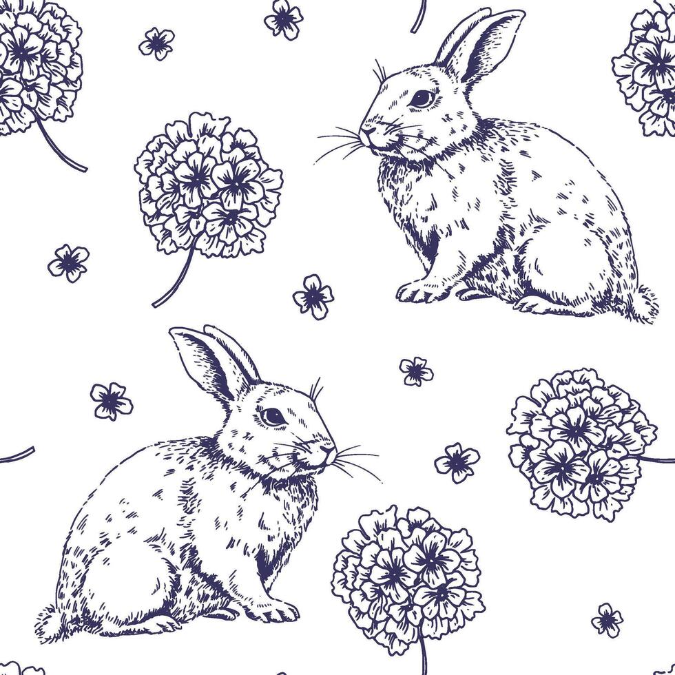 naadloos patroon met Pasen konijntjes en bloemen, in wijnoogst stijl. schetsen vector