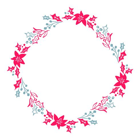 Kerstmis Hand getrokken krans rode en blauwe bloemen Winter ontwerpelementen geïsoleerd op een witte achtergrond voor retro design bloeien. Vector kalligrafie en belettering illustratie