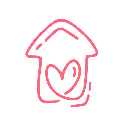 Red Monoline schattig huis met hart. Vector Valentijnsdag Hand getrokken pictogram. Vakantie schets doodle Ontwerp element valentijn. liefdes decor voor web, bruiloft en print. Geïsoleerde illustratie