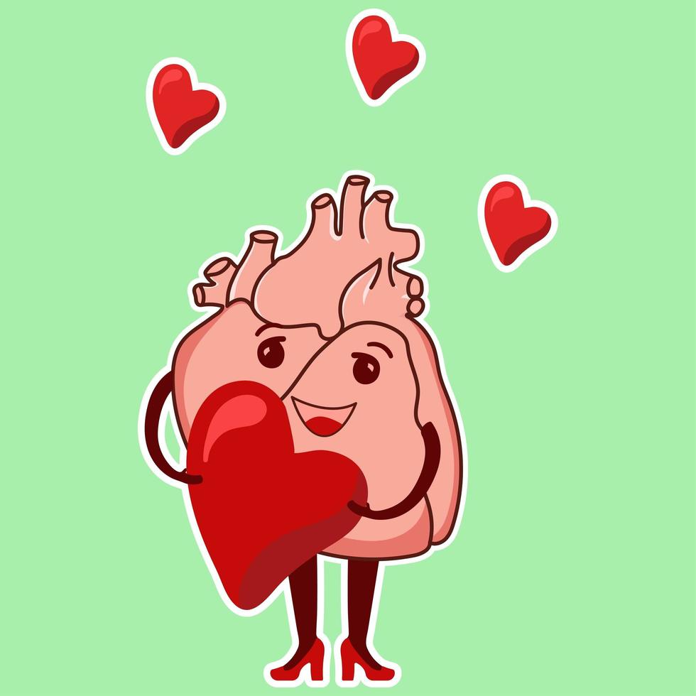 de minnaaremoji van het fysiologische hart. een schattig cardiologisch personage houdt een hart in zijn handen vector