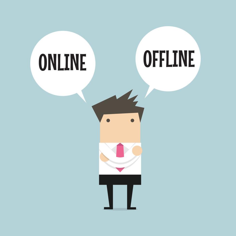 zakenman permanent verwarren om te kiezen tussen twee opties online of offline. vector