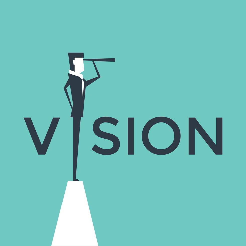 visie concept vectorillustratie met zakenman kijken door telescoop vanaf een klif. vector