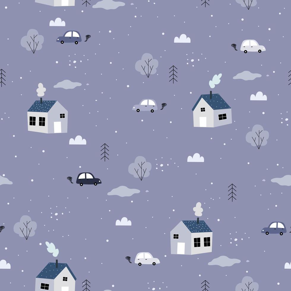 naadloze patroon de achtergrond van een landelijk dorp tijdens het winterseizoen met bomen en antieke auto met schattig ontwerp handgetekende in cartoon stijl gebruikt voor mode, textiel, vectorillustratie. vector