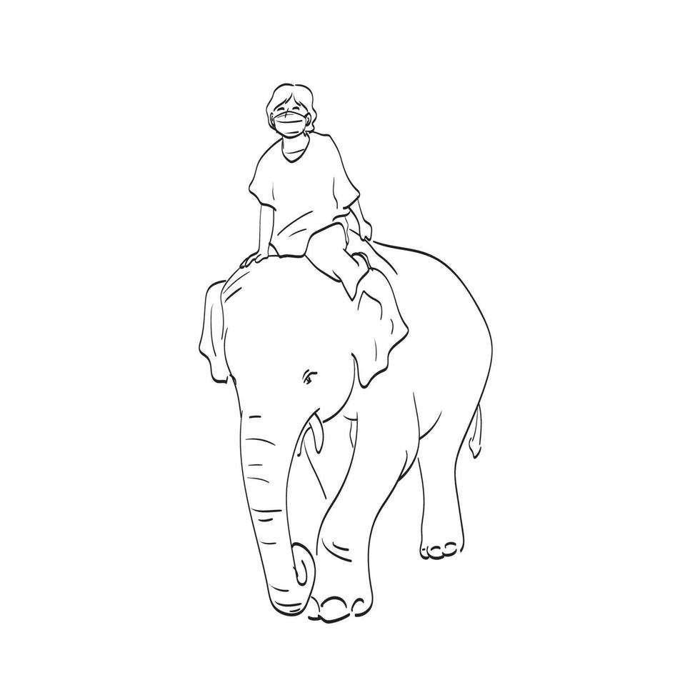 jongen met medisch masker rijden op olifant terug illustratie vector geïsoleerd op witte achtergrond lijntekeningen.