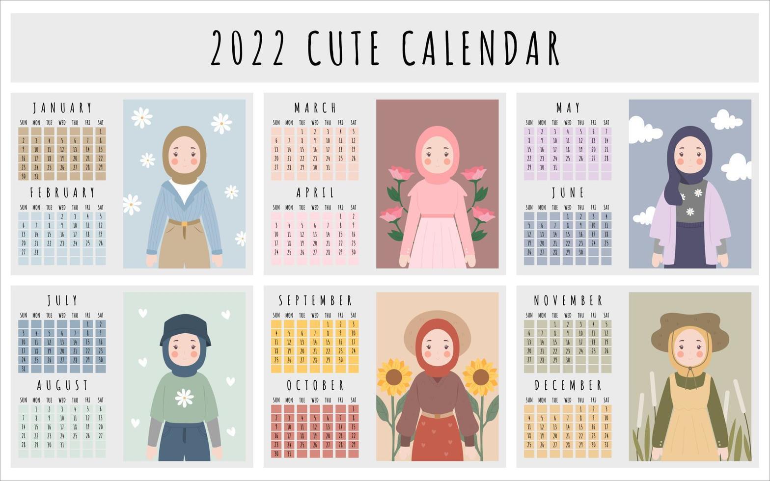 schattige 2022-kalender met schattig moslimmeisjeskarakter draagt hijab vector