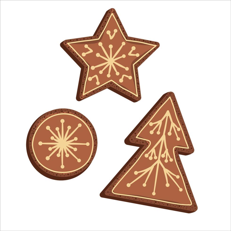 peperkoek kerstkoekjes van verschillende vormen met glazuur patronen geïsoleerd op witte background.christmas behandelen peperkoek in de vorm van een boom, cirkel en ster. vector