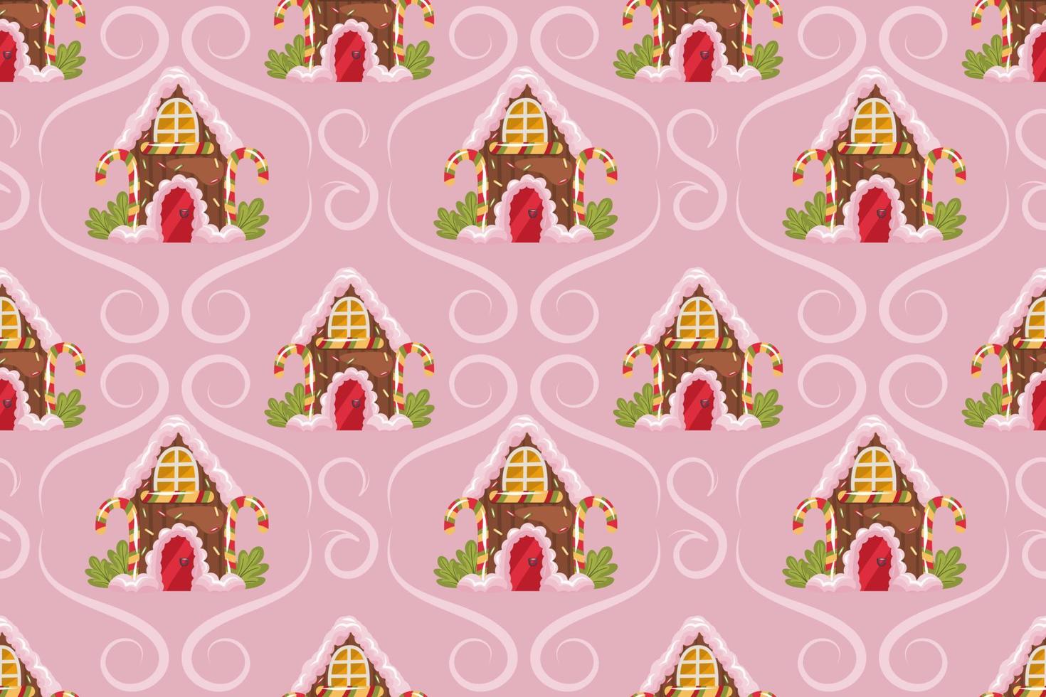 Kerstmis naadloos patroon met peperkoekhuis en krullen op een poederachtige achtergrond. vector