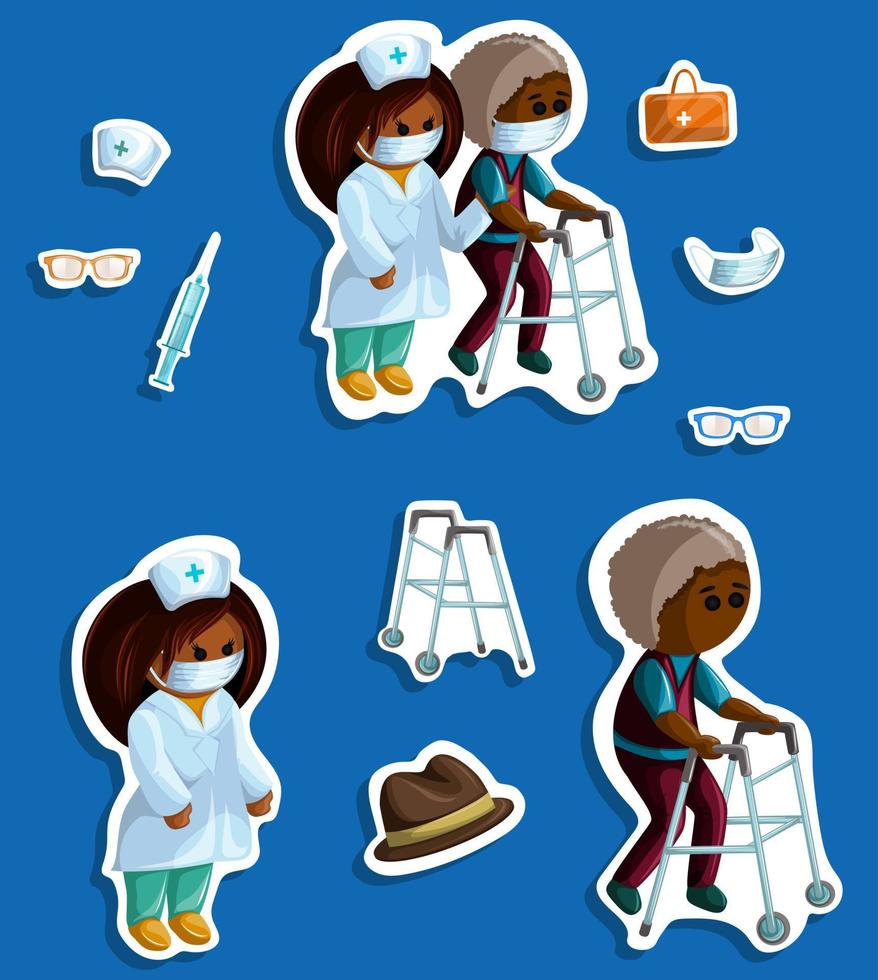 vectorafbeelding van stickers van oude mensen die voor hun uiterlijk en gezondheid zorgen. dokter. cartoon-stijl. eps 10 vector