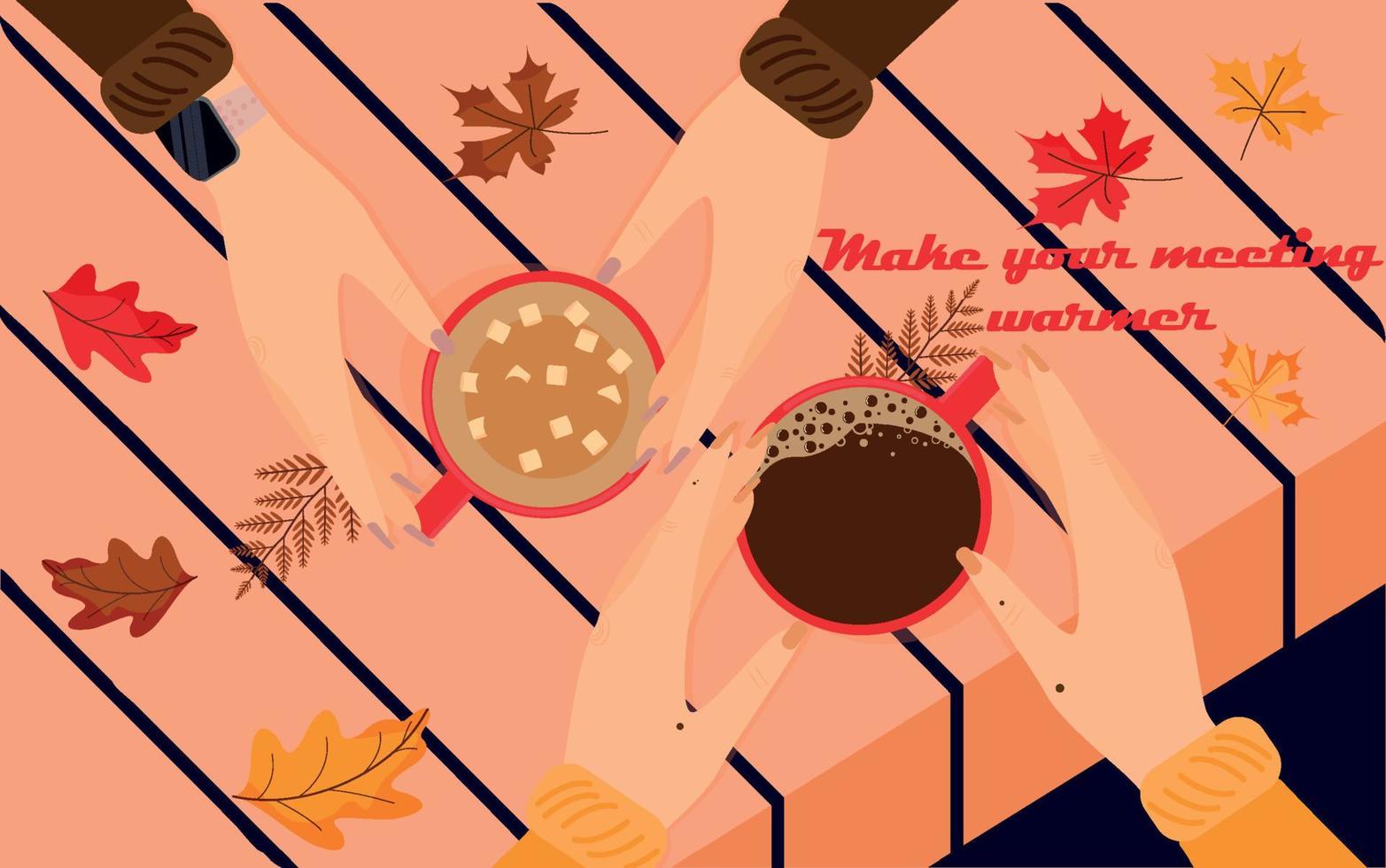vrouwelijke handen met kopjes met koffie. bovenaanzicht. herfst sfeer. vector illustratie