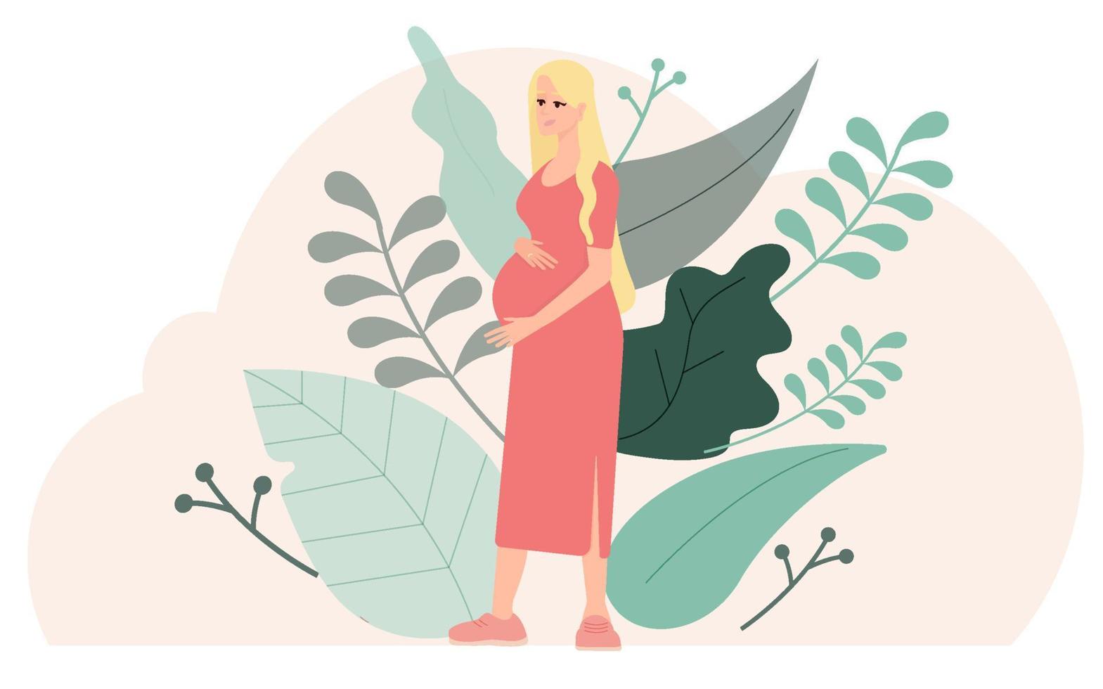 mooie zwangere vrouw met natuur achtergrond en bladeren. concept vectorillustratie vector