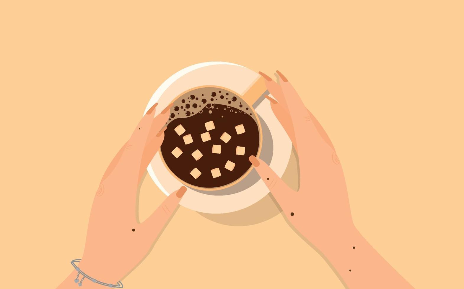 koffiepauze kopje koffie marshmallow meisje handen warme drank bovenaanzicht. vector illustratie