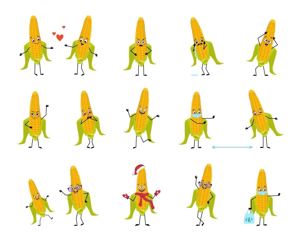 set tekens maïs met emoties, gezicht, handen en benen. glimlach of verdrietig gele groenten met ogen, helden worden verliefd, houden afstand in een masker, dansen in een kerstmuts vector