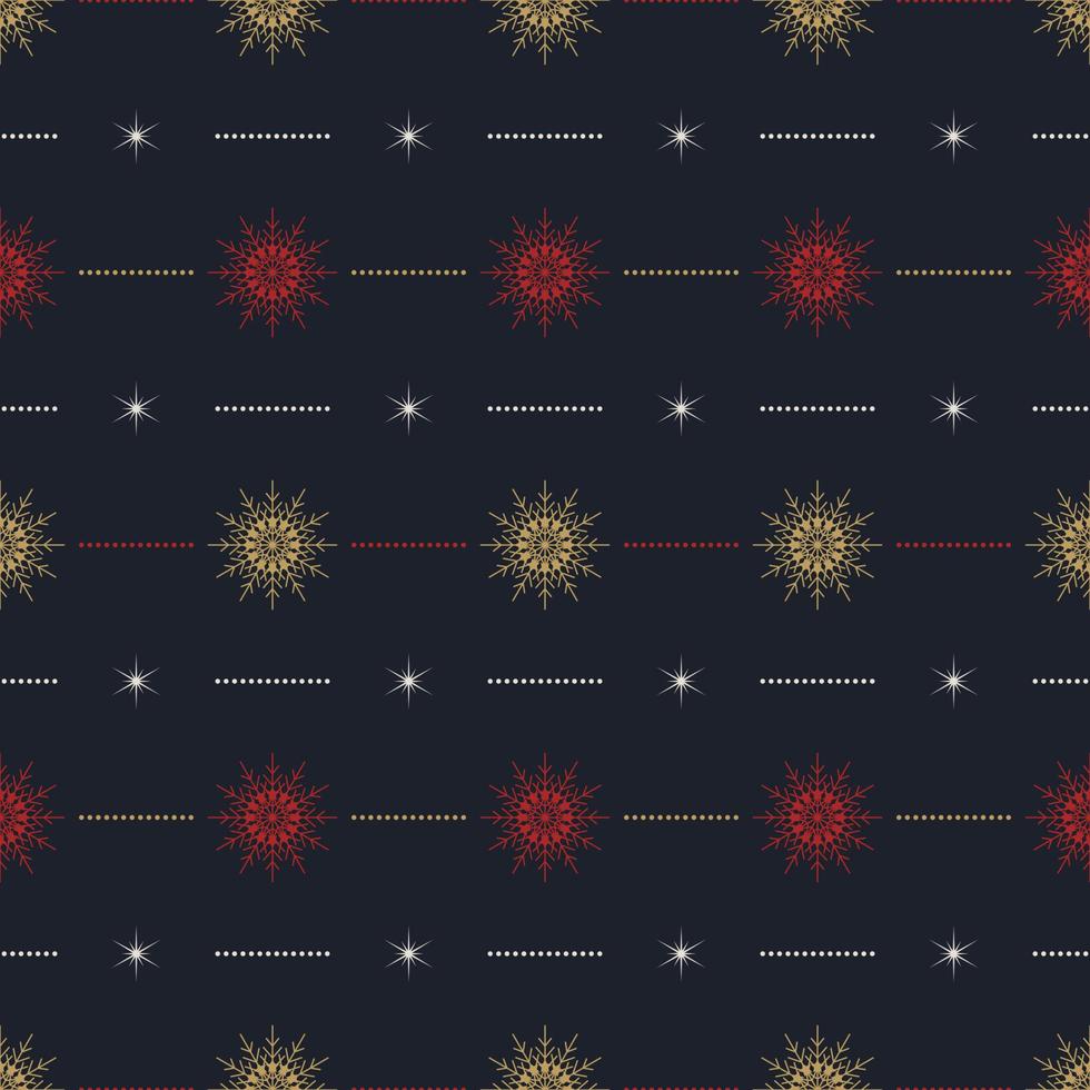 naadloos patroon met gouden en rode sneeuwvlokken en sterren op donkere achtergrond. feestelijke winter traditionele decoratie voor nieuwjaar, kerstmis, feestdagen en design. ornament van eenvoudige lijn vector