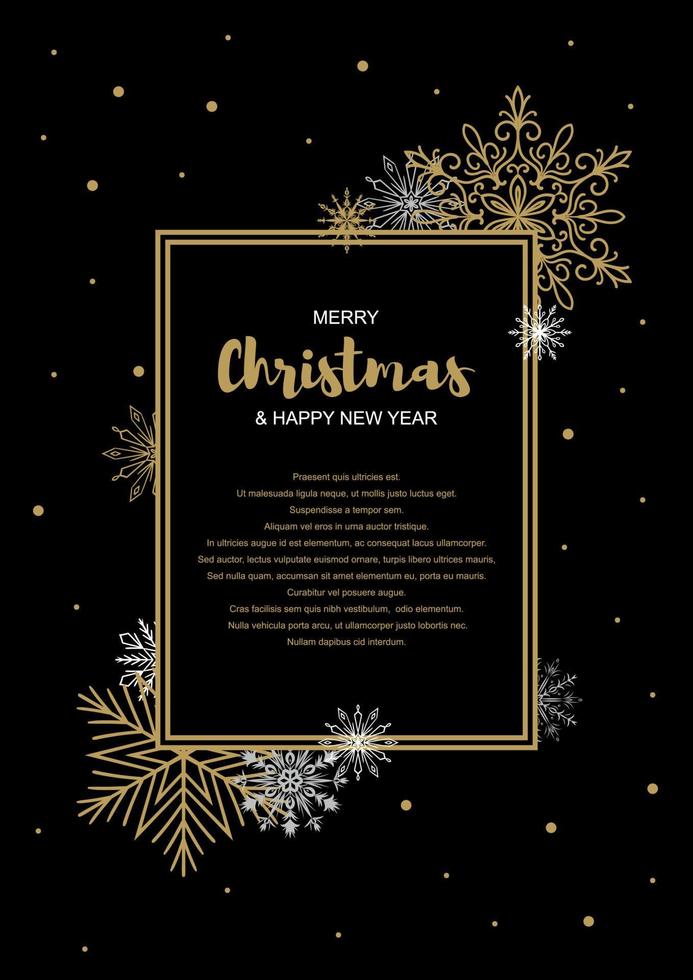 verticale vrolijk kerstfeest en nieuwjaar wenskaart met mooie gouden sneeuwvlokken op zwarte achtergrond. frame met ruimte voor tekst vector