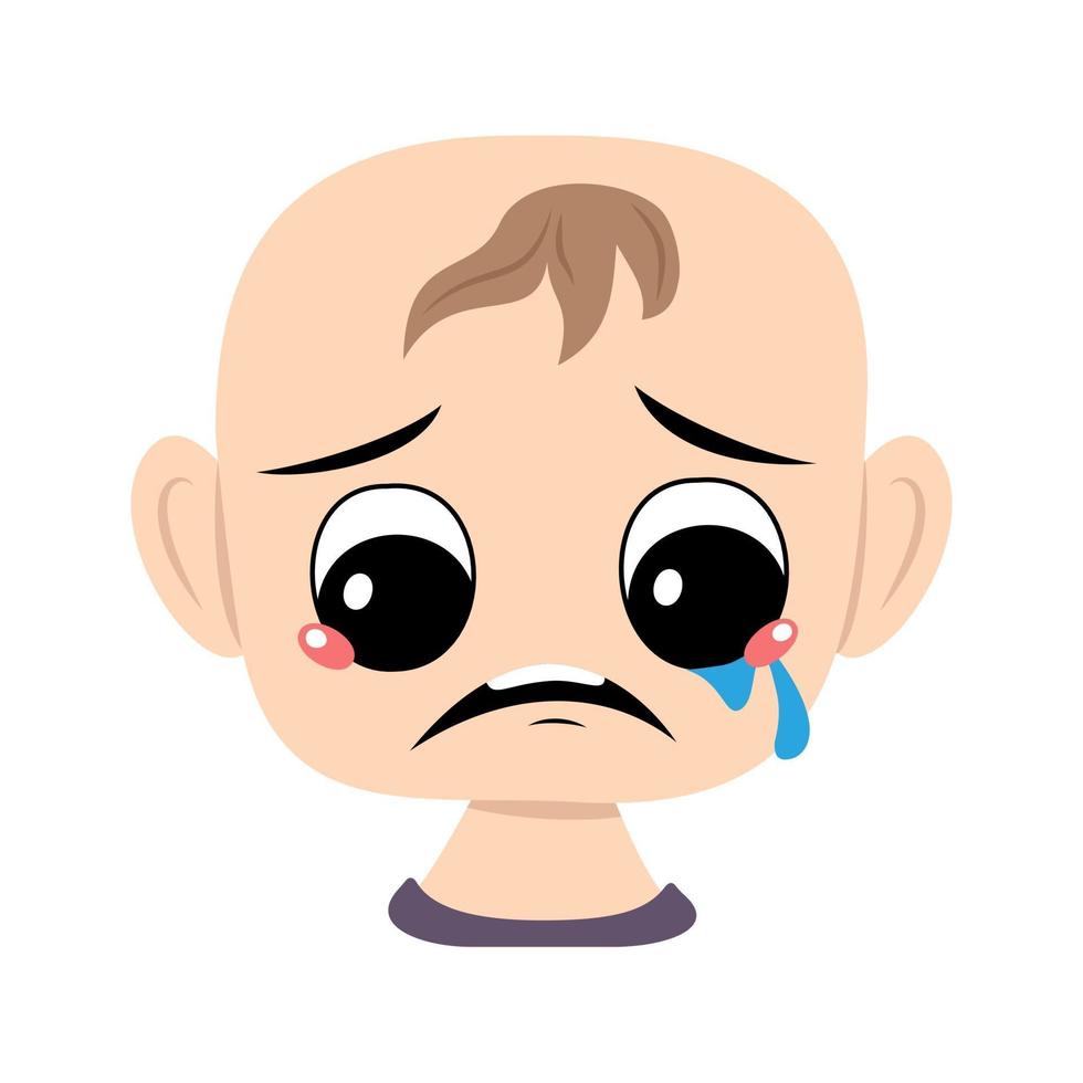 kind met huilen en tranen emotie, droevig gezicht, depressieve ogen. hoofd van schattige baby met melancholische uitdrukking vector