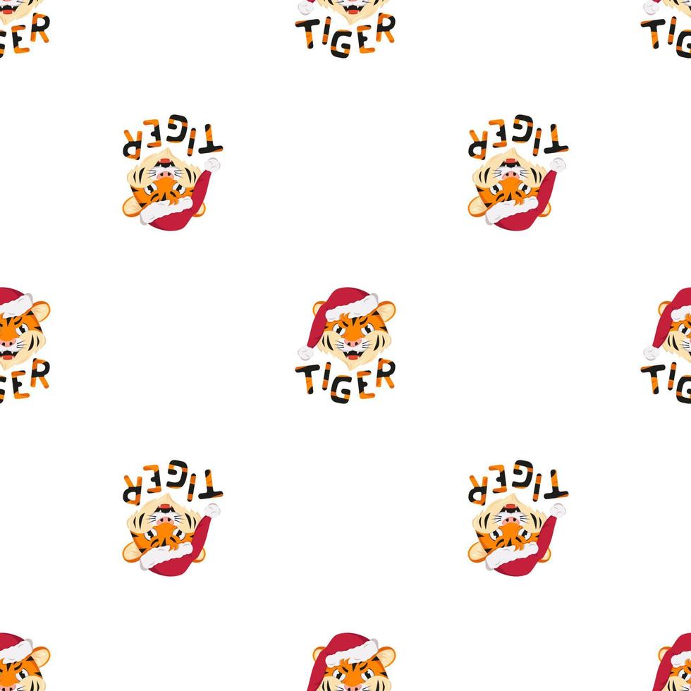 naadloos patroon met gelukkige tijger, symbool van het nieuwe jaar in de rode kerstmuts. print voor vakantiedecoratie met oranje gestreepte letters vector