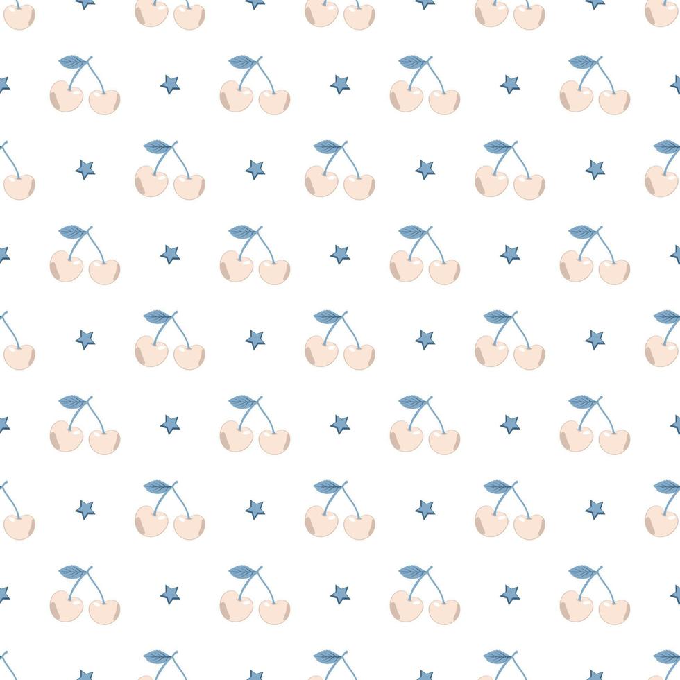 schattig eenvoudig naadloos patroon met beige kersen, blauwe bladeren en sterren. delicate bessenprint voor inpakpapier, babytextiel en ontwerpen voor kinderen vector