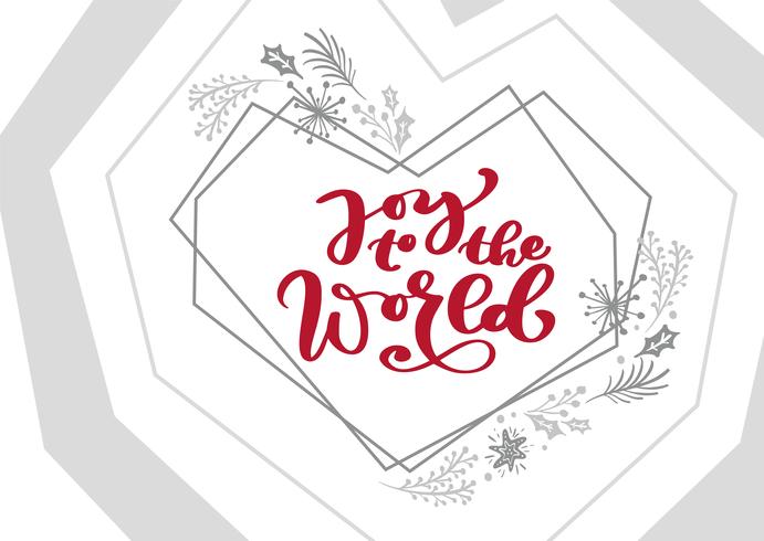 Vreugde aan de wereld Kalligrafie vector Kerst tekst in xmas Skandinavische elementen frame. Belettering ontwerp. Creatieve typografie voor de Giftaffiche van de vakantiegroet