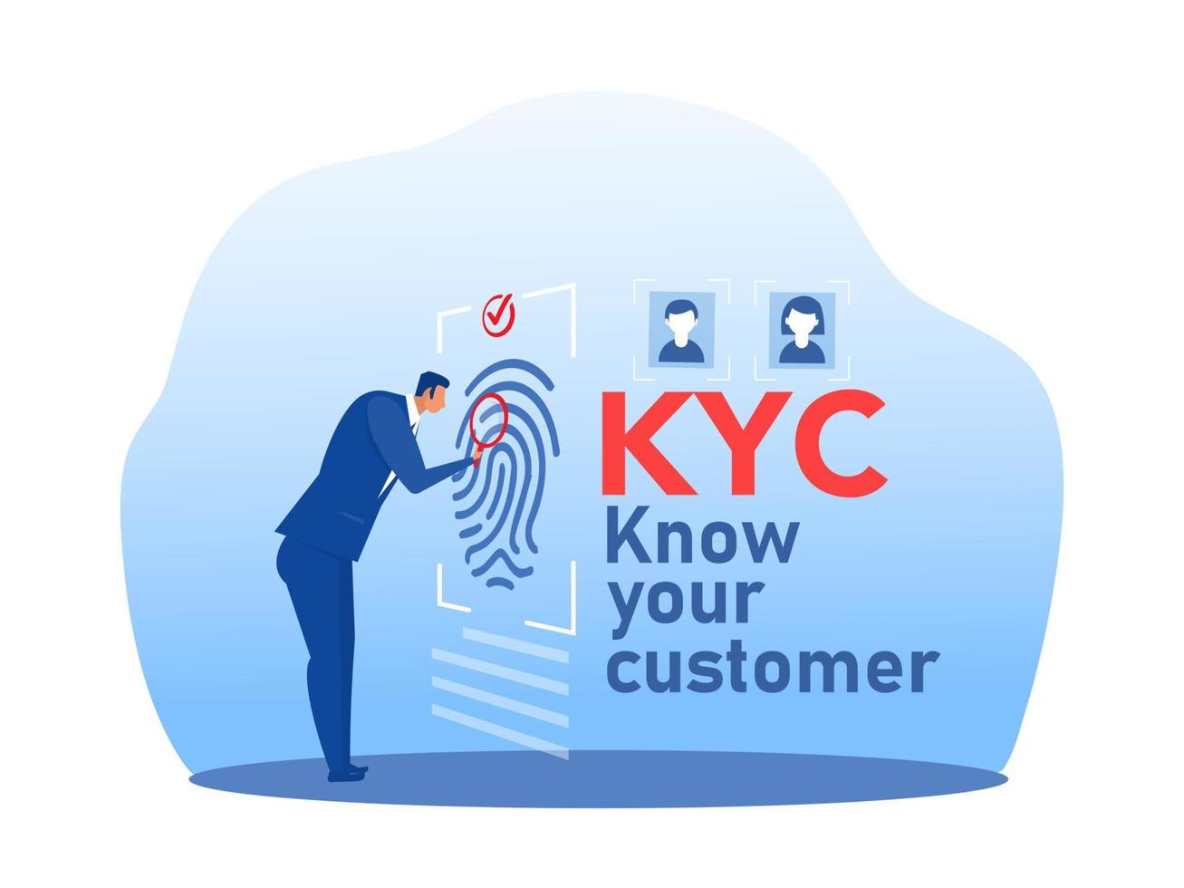 kyc of ken uw klant met bedrijf en verifieer de identiteit van het concept van zijn klanten bij de toekomstige partners door middel van een vergrootglas vectorillustrator vector