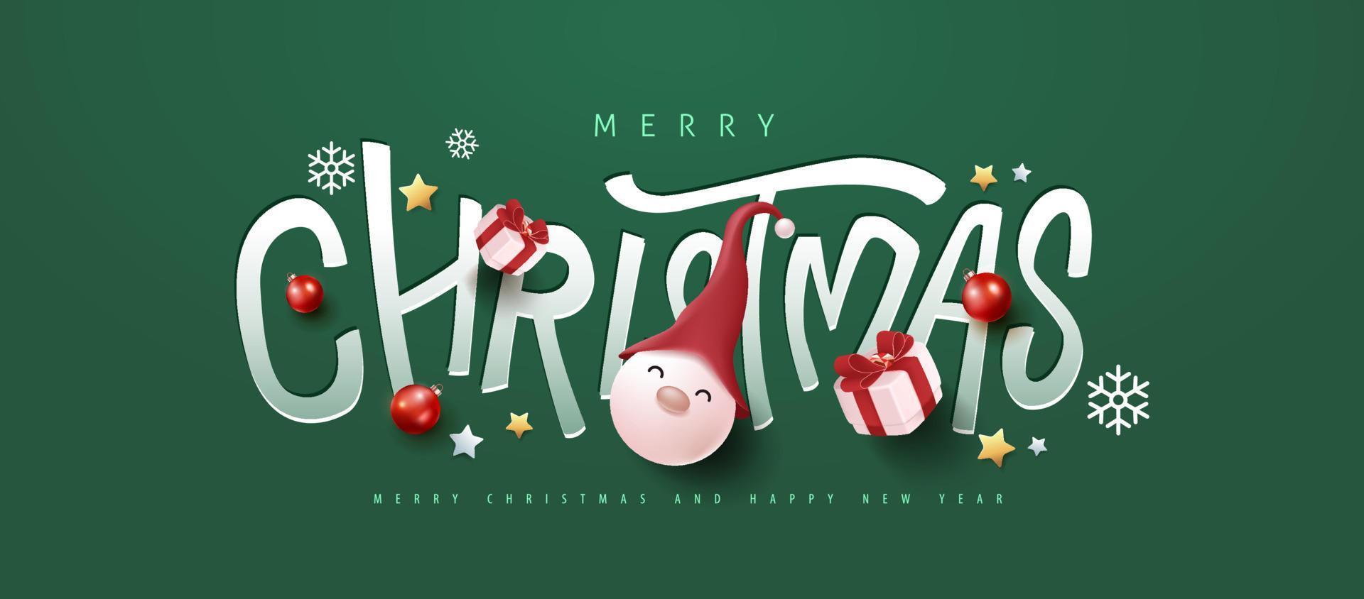 prettige kerstdagen en gelukkig nieuwjaar banner met papier gesneden typografie en feestelijke decoratie vector