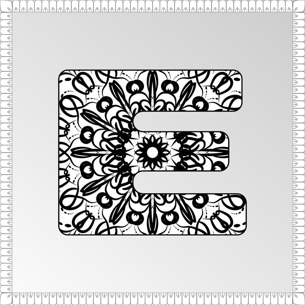 letter e met mandala bloem. decoratief ornament in etnische oosterse stijl. kleurboek pagina. vector