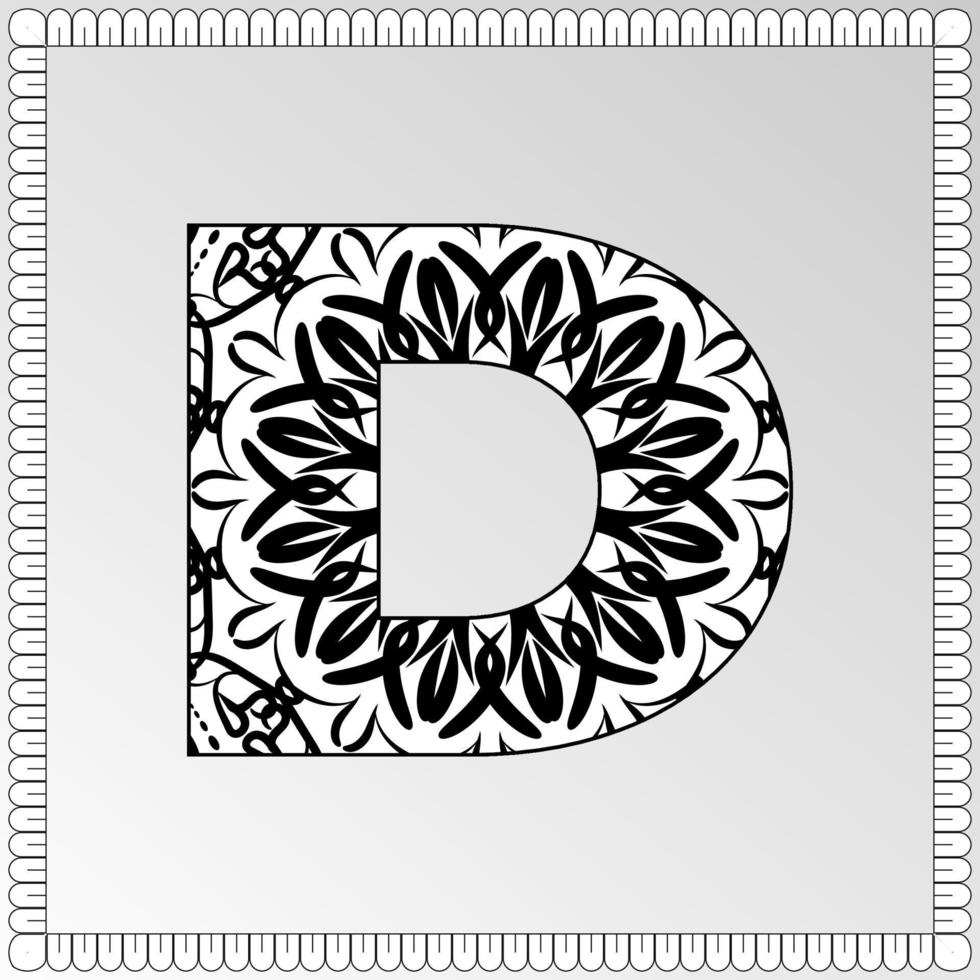 letter d met mandala bloem. decoratief ornament in etnische oosterse stijl. kleurboek pagina. vector