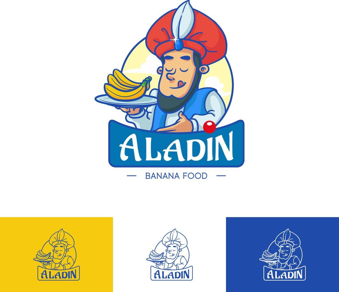 aladin banaan mensen voedsel logo, verse gele sticker vector pictogram illustratie, fruit concept geïsoleerd, platte omtrek cartoon stijl voor chips stok cake brood