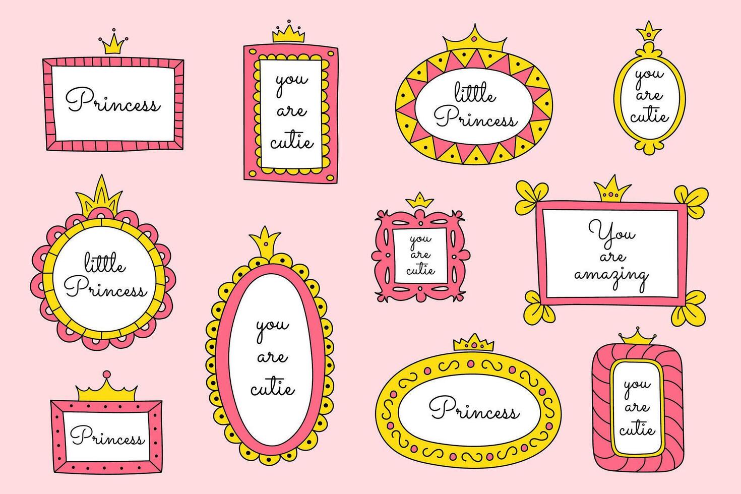 een reeks van spiegel kaders met prinses kronen. vector hand- getrokken tekening elementen, kaders voor weinig prinsessen. schattig citaten, grenzen, roze en geel kleuren.